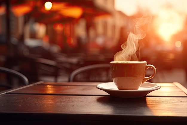 Coppa di caffè calda con fagioli e fumo su tavolo di legno sfondo strada sfondo inverno Bokeh luce