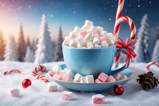 Coppa di caffè calda con marshmallows e canna da caramella rossa su uno sfondo invernale ghiacciato