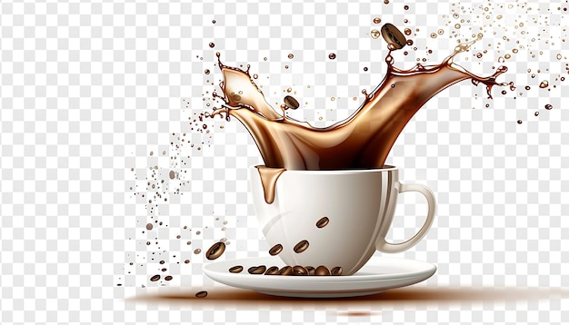 Coppa di caffè caldo con spruzzi isolati su uno sfondo trasparente
