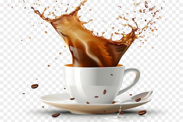 Coppa di caffè caldo con spruzzi isolati su uno sfondo trasparente