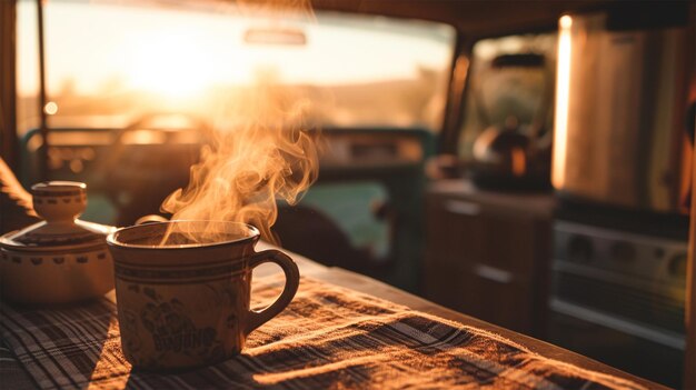 Coppa di caffè caldo con vapore su un tavolo di legno all'interno di un camper