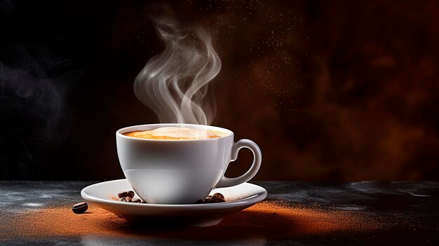 Coppa di caffè caldo su uno sfondo nero Focalizzazione selettiva