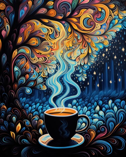 Coppa di caffè caldo sul cielo notturno con le stelle sullo sfondo di un disegno astratto a forma di albero forestale