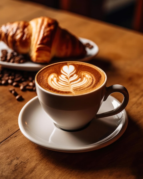 Coppa di caffè cappuccino con croissant su un tavolo di legno