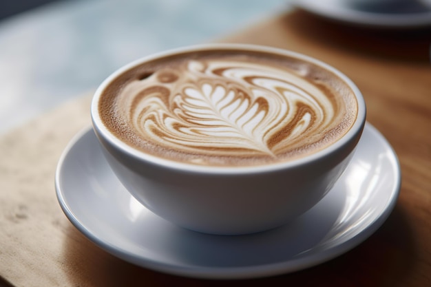 Coppa di caffè con arte al latte in un ristorante su sfondo di legno AI generativa