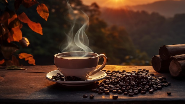 Coppa di caffè con chicchi di caffè su uno sfondo di legno