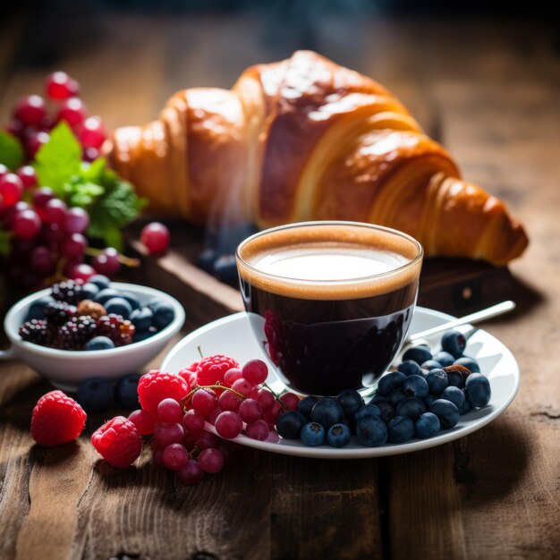 Coppa di caffè con croissant e bacche su un tavolo di legno