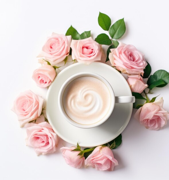 Coppa di caffè con fiori di rose