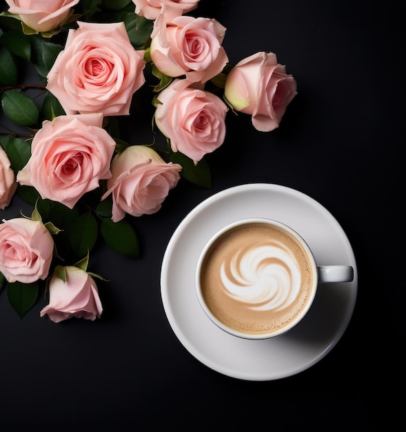 Coppa di caffè con fiori di rose