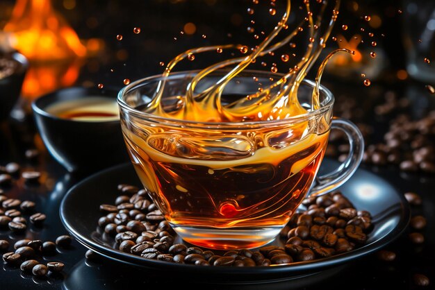 Coppa di caffè con gocce galleggianti e chicchi di caffè su uno sfondo nero Pausa caffè
