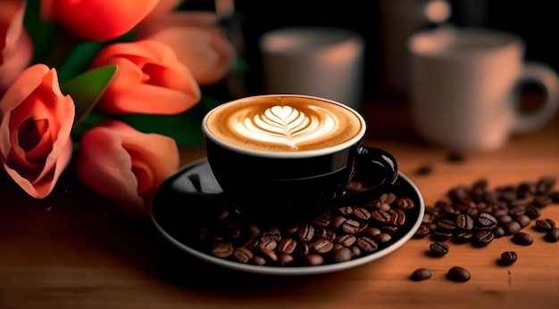 Coppa di caffè con latte circondata da tulipani su un tavolo