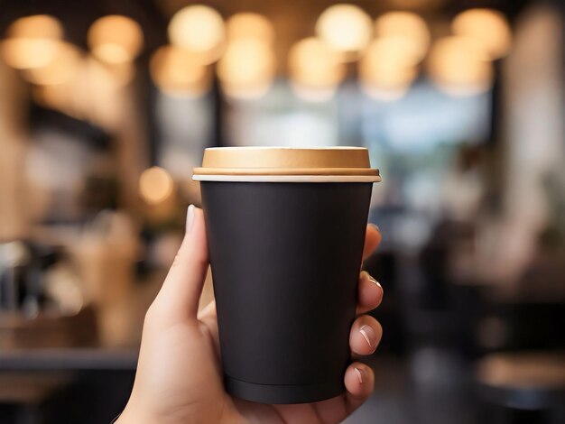 Coppa di caffè da asporto in mano femminile su uno sfondo di caffè sfocato da vicino.