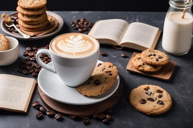 Coppa di caffè di cappuccino con biscotti e un libro sul tavolo