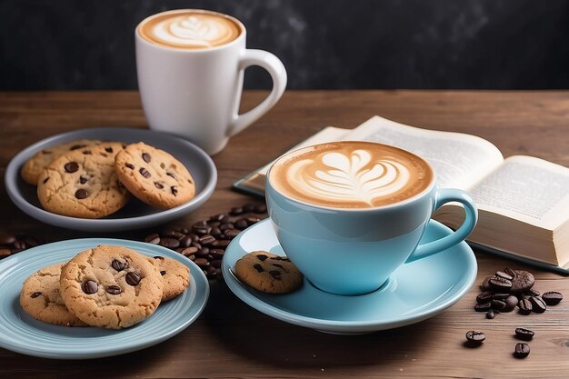 Coppa di caffè di cappuccino con biscotti e un libro sul tavolo