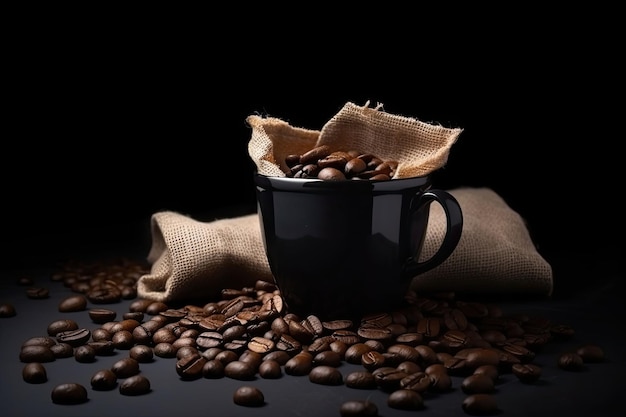 Coppa di caffè e chicchi di caffè in un sacco su sfondo scuro Illustrazione generativa di AI