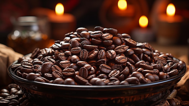 Coppa di caffè e chicchi di caffè su sfondo di legno