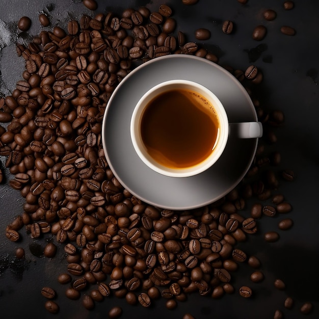 Coppa di caffè e chicchi di caffè su sfondo nero Vista superiore Coppa di café su tavolo nero con chicchi