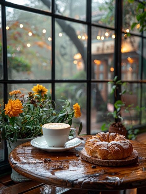 Coppa di caffè e croissant su un tavolo di legno in un caffè vicino alla finestra