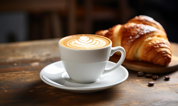 Coppa di caffè e croissant su un tavolo di legno