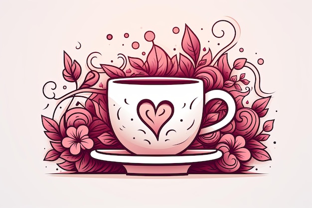 Coppa di caffè e elementi della festa di San Valentino doodle line art illustration