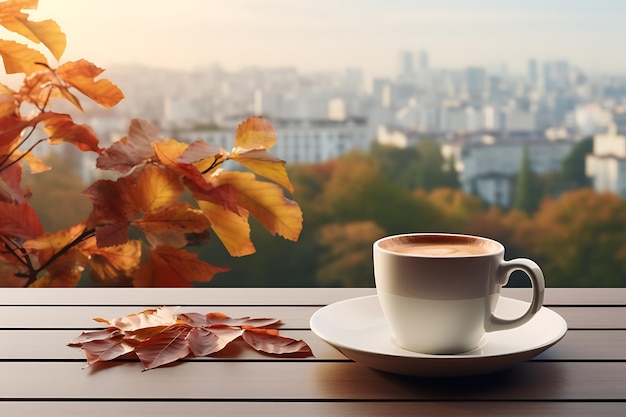 Coppa di caffè e foglie d'autunno su un tavolo di legno con vista sulla città sullo sfondo