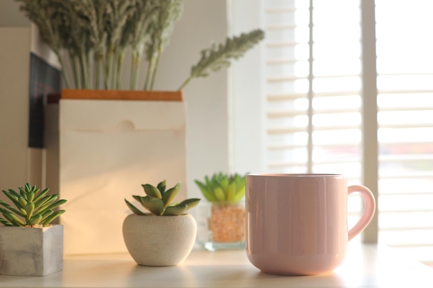 Coppa di caffè rosa con piccole piante succulente sul tavolo vicino alla finestra con la luce del sole mattutino