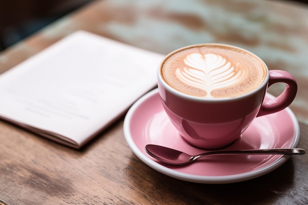 Coppa di caffè rosa con schiuma a forma di cuore