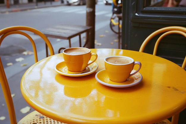 Coppa di caffè su tavolo all'aperto in colori pastello scena di caffè sul marciapiede in stile retro vintage