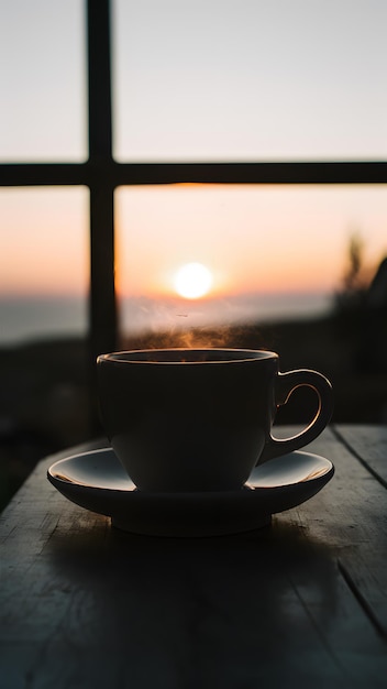 Coppa di caffè su un tavolo con il sole che tramonta dietro di essa Vertical Mobile Wallpaper