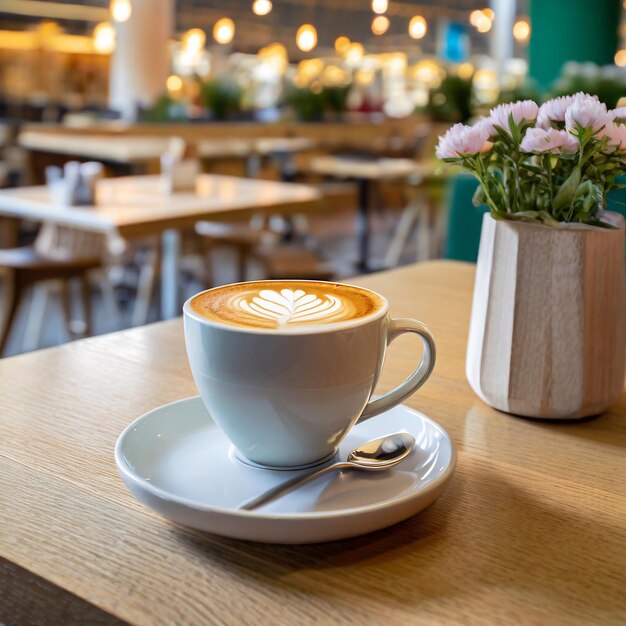 Coppa di caffè su un tavolo di legno in una caffetteria