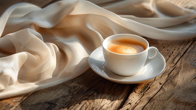 Coppa di caffè sul tavolo di legno con tovagliolo di lino bianco
