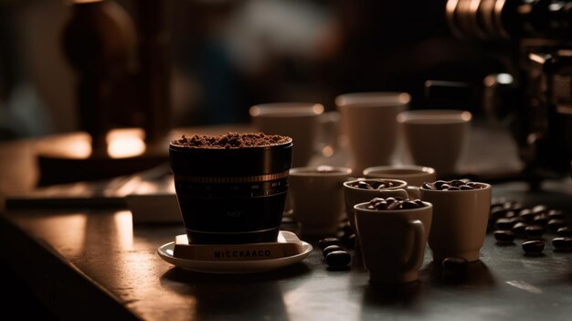 Coppa di caffè sul tavolo di un bar Interno con sfondo sfocato