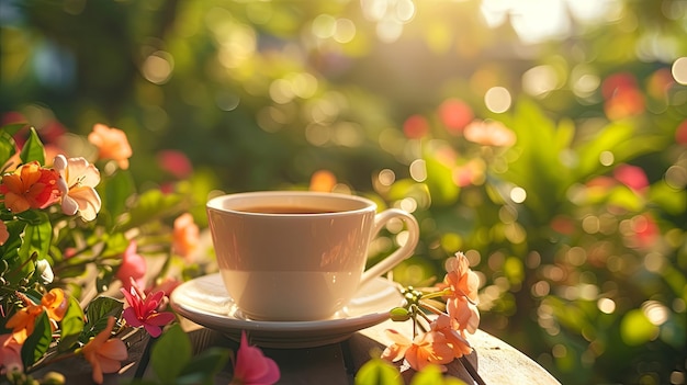 Coppa di caffè sul tavolo estivo terrazza del giardino concetto di sfondo