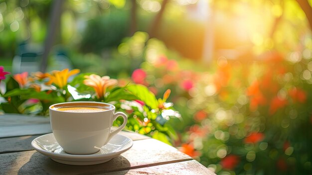 Coppa di caffè sul tavolo estivo terrazza del giardino concetto di sfondo