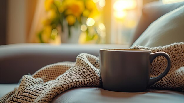 Coppa di caffè, tè, cioccolato nell'interno di una stanza accogliente