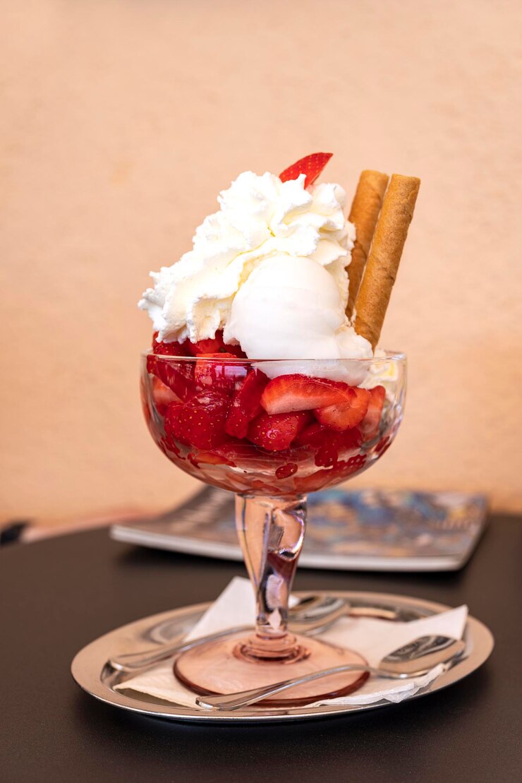 Foto coppa di fragole fresche gelato al limone e panna montata decorazione di biscotti dolci