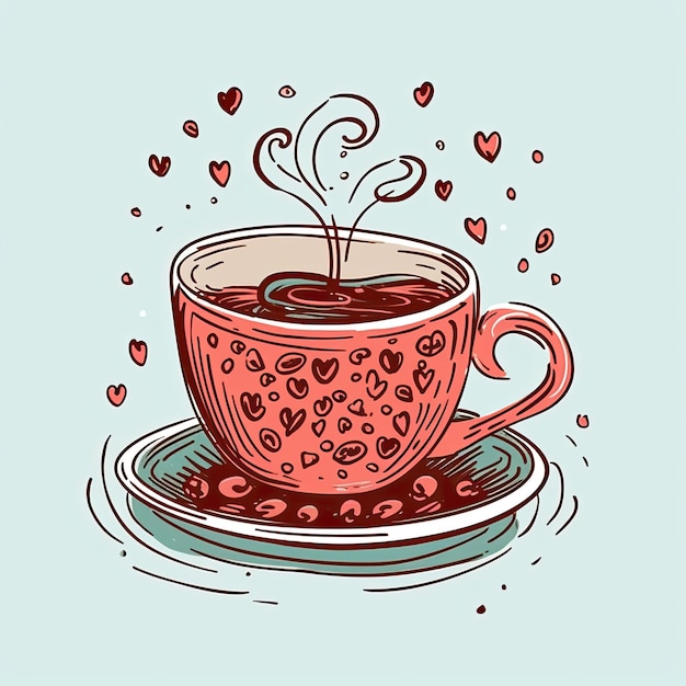 Coppa di tè con illustrazione di cuori in stile schizzo Caffè Clipart di San Valentino Generato da AI