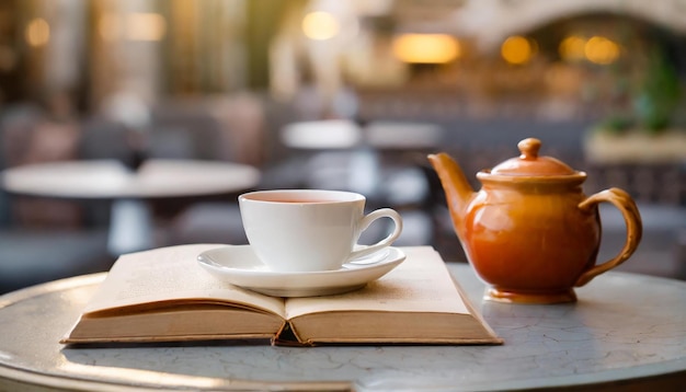 Coppa di tè e libro di carta caffè accogliente interno sfocato bevande calde e lettura concetto di stile di vita