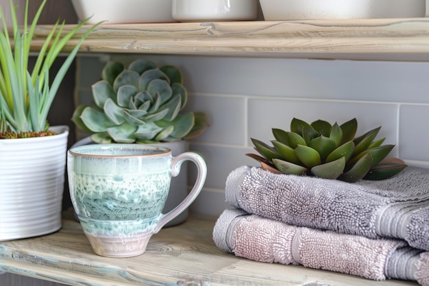 Coppa di tè in ceramica sullo scaffale del bagno con asciugamani piegati e succulenti