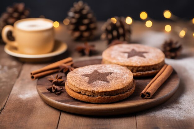 Coppa di tè o caffè invernali torte biscotti coni di cannella sullo sfondo di tavolo in legno pasticceria
