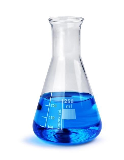 Coppa di vetro di laboratorio con campione liquido blu