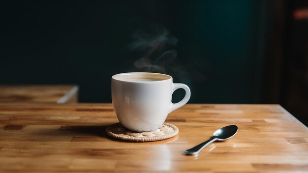 Coppa e cucchiaio di caffè bianchi su sottobasti isolati su sfondo bianco