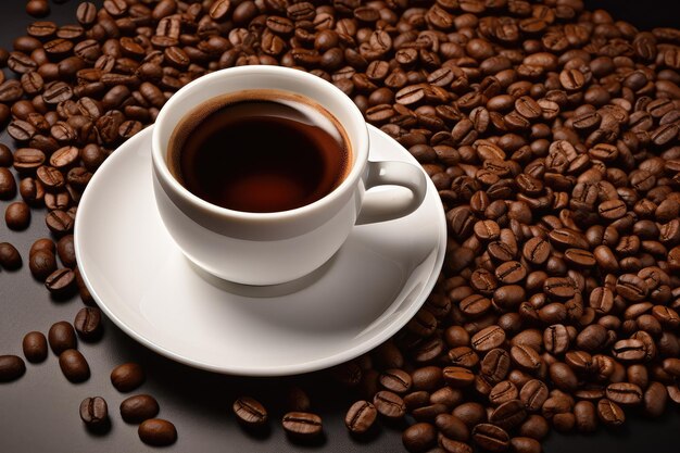 Coppa e fagioli di caffè Espresso Coppa di caffè su sfondo di chicchi di caffè marroni Coppa bianca di caffè