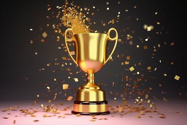 Coppa premio trofeo dorato 3D metallico su sfondo nero Premio vincitore del concorso oggetto iridescente con concetto di coriandoli di colore dorato Contenuti generativi AI