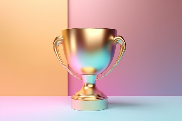 Coppa premio trofeo dorato metallico olografico 3D su sfondo sfumato di colori pastello Oggetto iridescente vincitore del concorso premio concetto AI Contenuti generativi