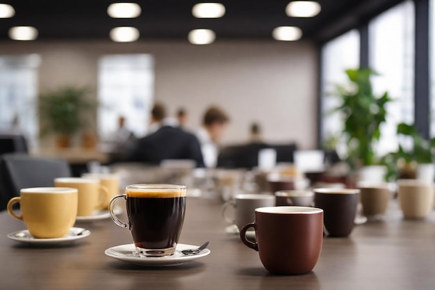 Coppe da caffè su un tavolo di legno con uomini d'affari sullo sfondo