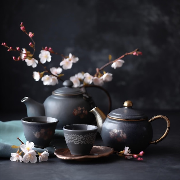 Coppe da tè e teiera accanto ai fiori di sakura Tè giapponese contenuto generato dall'AI