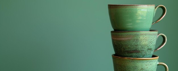 Coppe di ceramica verde impilate su uno sfondo verde