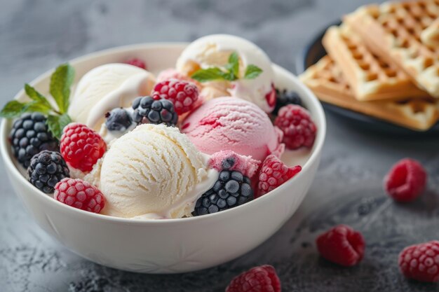 Coppe di gelato in una ciotola bianca con bacche fresche e waffle su uno sfondo grigio in vista ravvicinata