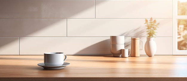 Coppe e piatti da caffè su un tavolo con un bancone in una cucina contemporanea